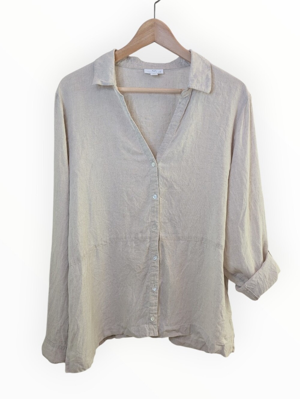 J Jill Love Linen Button-Down Top Roll Sleeves Beige Large